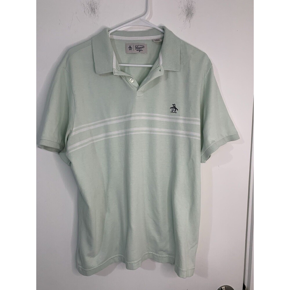 Original Penguin Short Sleeve Polo Shirt Men XL Green‎ Stripes logo